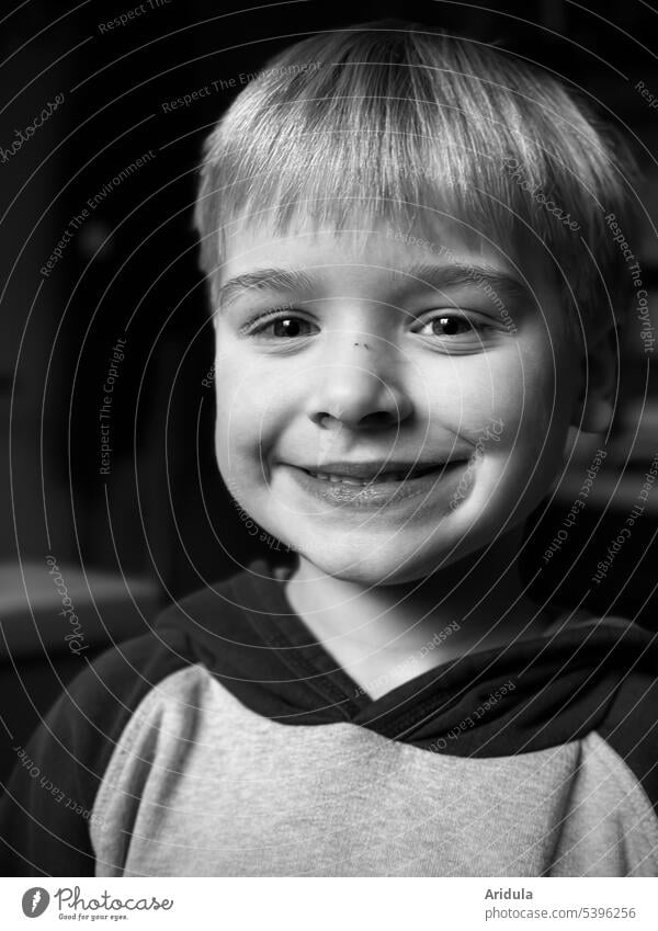 Permanent portrait | black and white Child Boy (child) Grinning Laughter Smiling Face Happiness Brash Contentment Happy Infancy Close-up Sunlight b/w fortunate