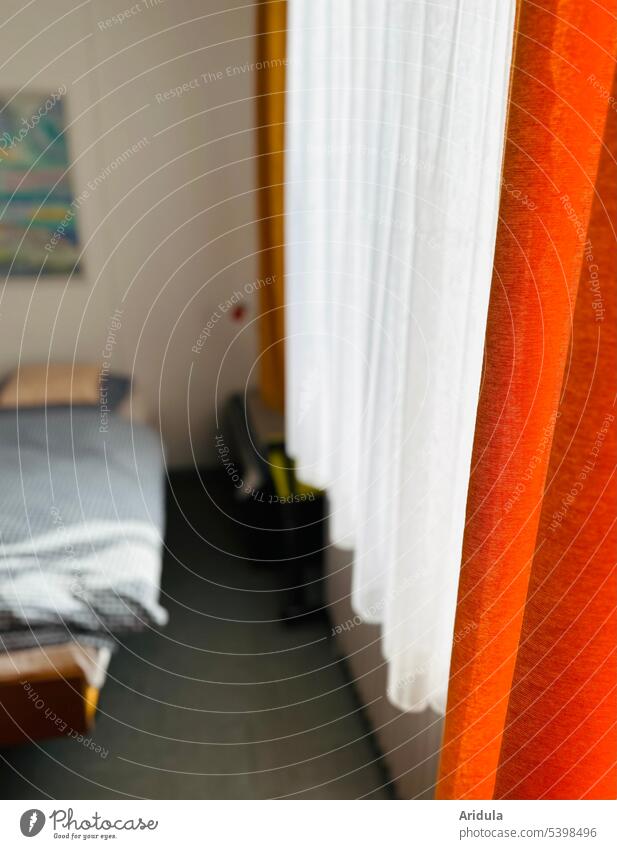 70s bedroom | curtain and process in front of the window Bedroom Curtain Drape Orange Window blurred Folds Light sunshine Cloth Wrinkles Textiles