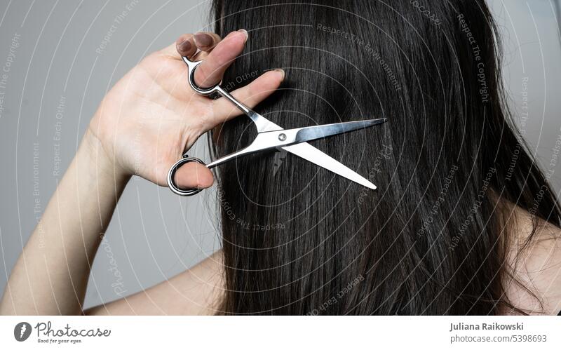 Woman holding scissors to her hair Studio shot Trends Dark-haired Smooth hair Easygoing Style youthful Girl Beauty Photography Caucasian DIY do it oneself