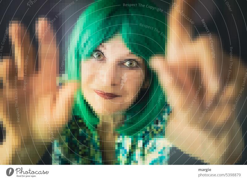 An expectant woman with raised index finger! Pixelated - a Royalty