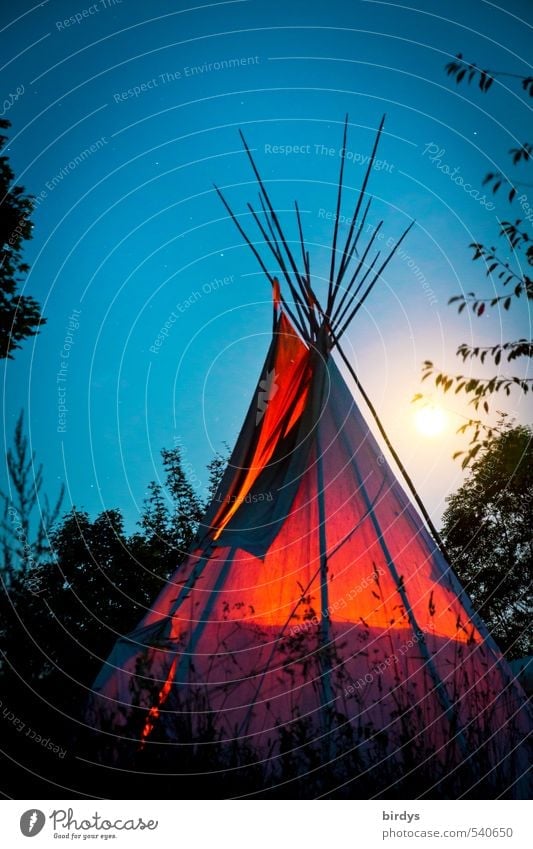 inhabited tepee on a full moon night. Long exposure Tee Pee Nature Fireplace Full  moon Cloudless sky Native Americans Night sky Idyll camping Living tent
