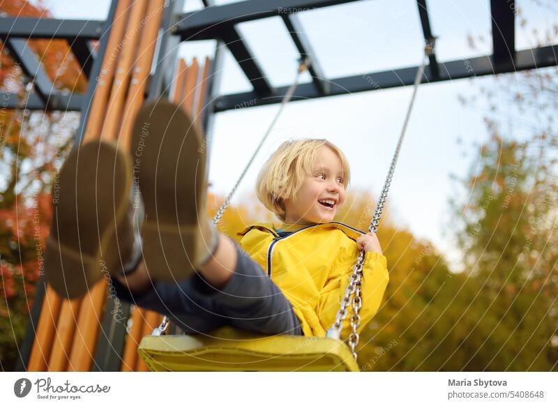 Little boy having fun on a swing on the playground in public park on autumn day. Happy child enjoy swinging. Active outdoors leisure for child joyful playful