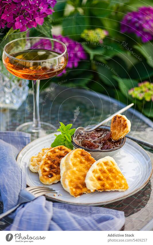 Delicious waffles and drink on table food jam sweet dessert breakfast garden yummy cafe serve tasty delicious flower appetizing glass fresh bloom Hydrangea