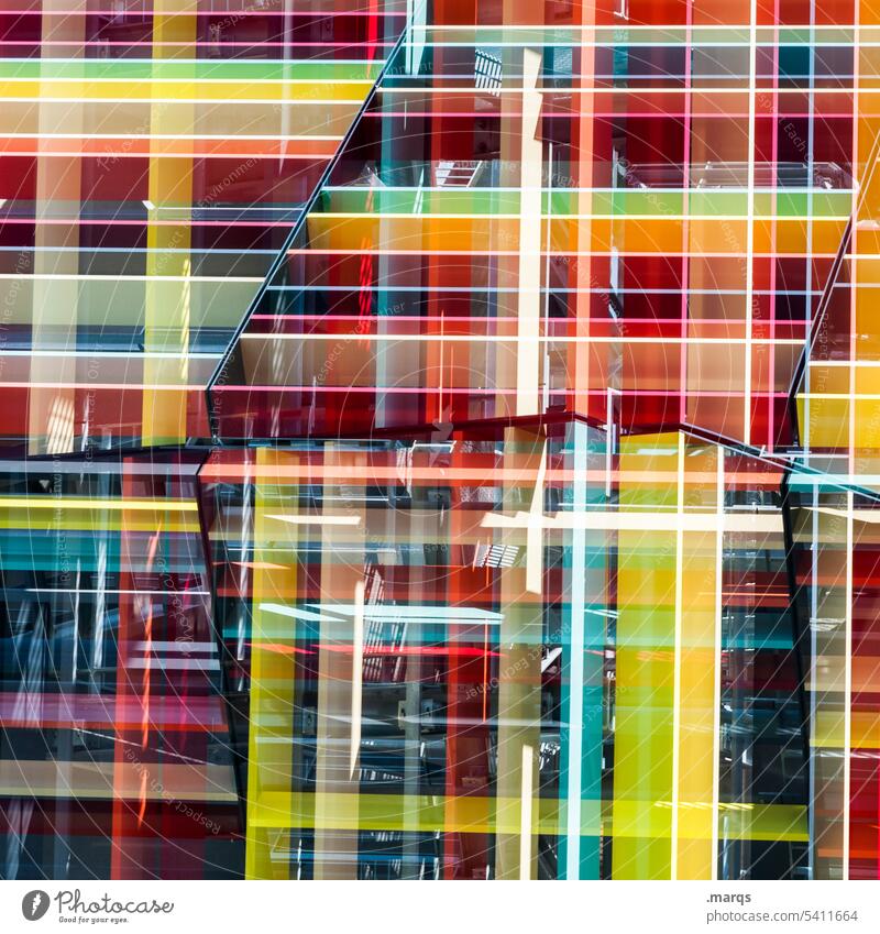 Double-colored Architecture Design Illustration Double exposure Abstract Facade variegated lines Structures and shapes Close-up Modern Pattern Plastic