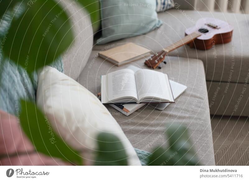 Books, Hawaiian guitar ukulele music instrument and pillows on the couch. Cozy trendy hipster apartment interior design.  Slow life concept. View from above.