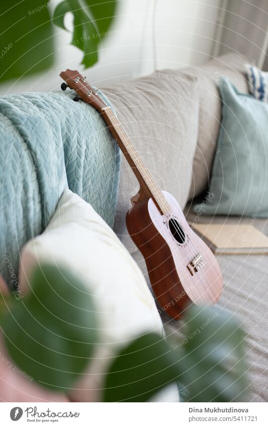 Ukulele instrument, books and pillows on the couch. Cozy trendy hipster apartment interior design.  Slow life concept. Side view. acoustic background bed