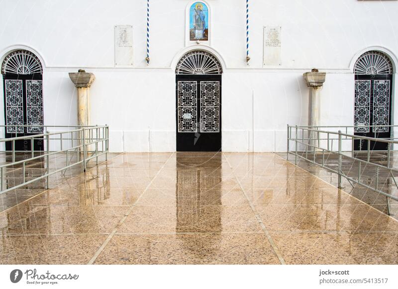 a reflection in front of the church Agia Paraskevi Chalkida Architecture Greece gothic Church Reflection Historic Facade Marble floor Entrance Holy figure door