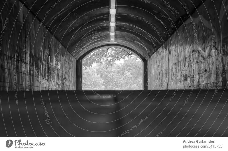 View out of a tunnel, light at the end of the tunnel, black and white, horizontal Tunnel pedestrian tunnel nobody Deserted black-white Gray Graffiti urban