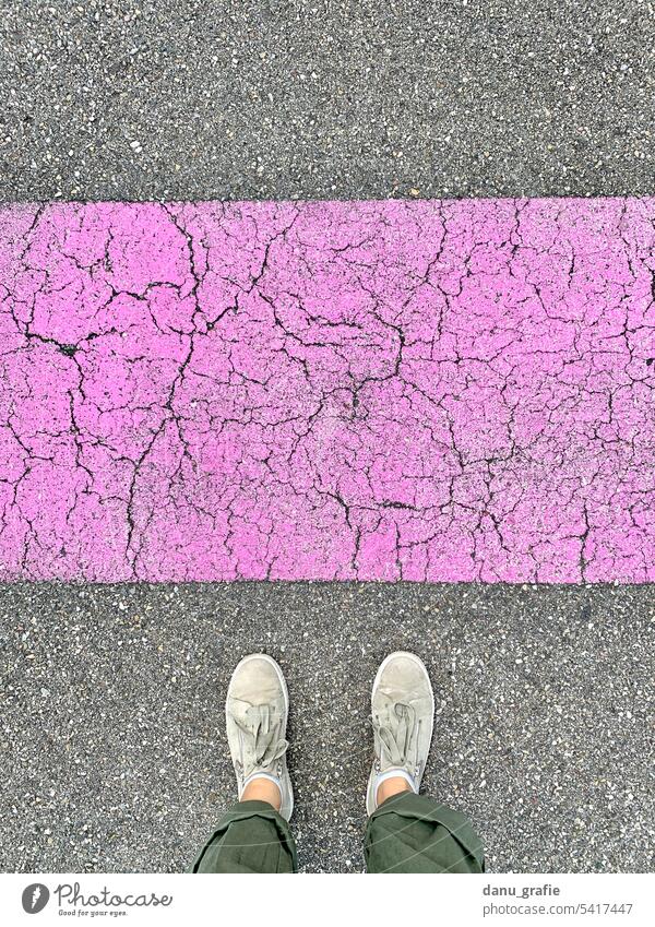 Pink road strip Road marking Lane markings pink stripe Gray Street Asphalt Orientation Lanes & trails Line demarcation colourful Structures and shapes