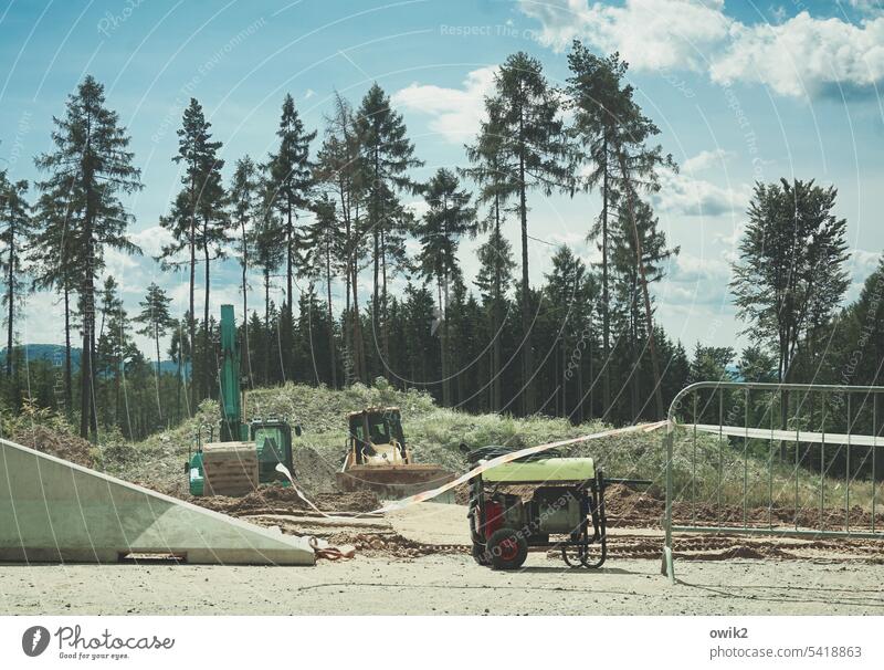 peripheral phenomenon Roadside Construction site Road construction Czech Republic Landscape trees Tall conifers Snapshot Break Devices utensils Machines