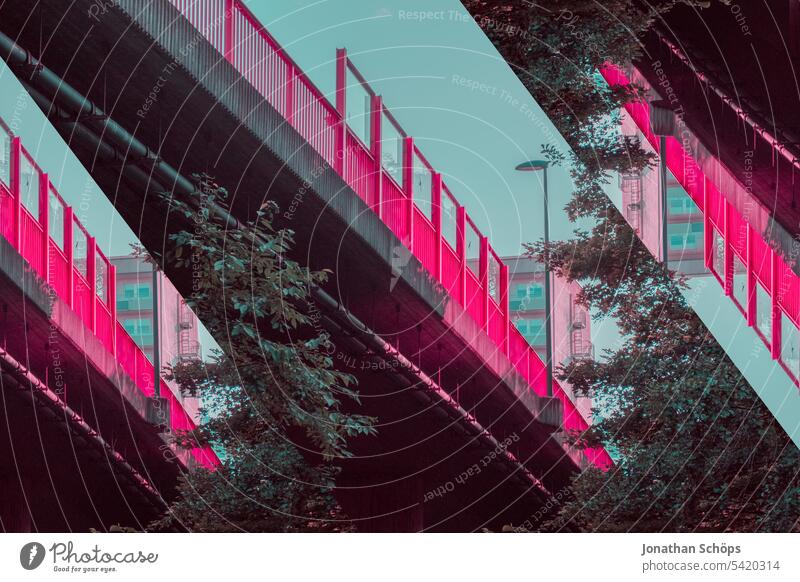 Bridge railing sky assembly false colors Nature futuristic Bridge construction False coloured Fake infrared image variegated Forest off Blue especially woodland