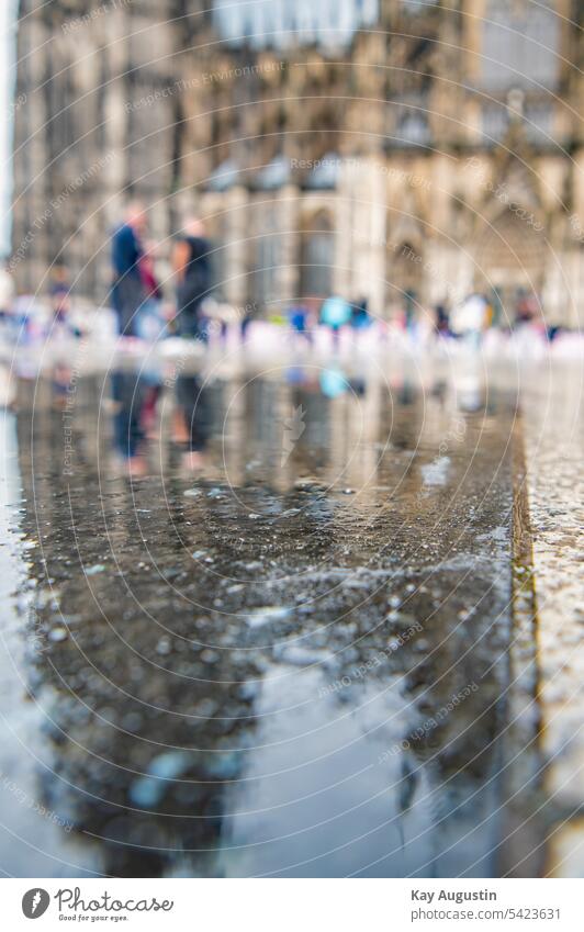 Puddles reflection at Cologne Cathedral Rain puddle Roncalliplatz Currency sign Pedestrian precinct Reflection effects south Old town City Church people