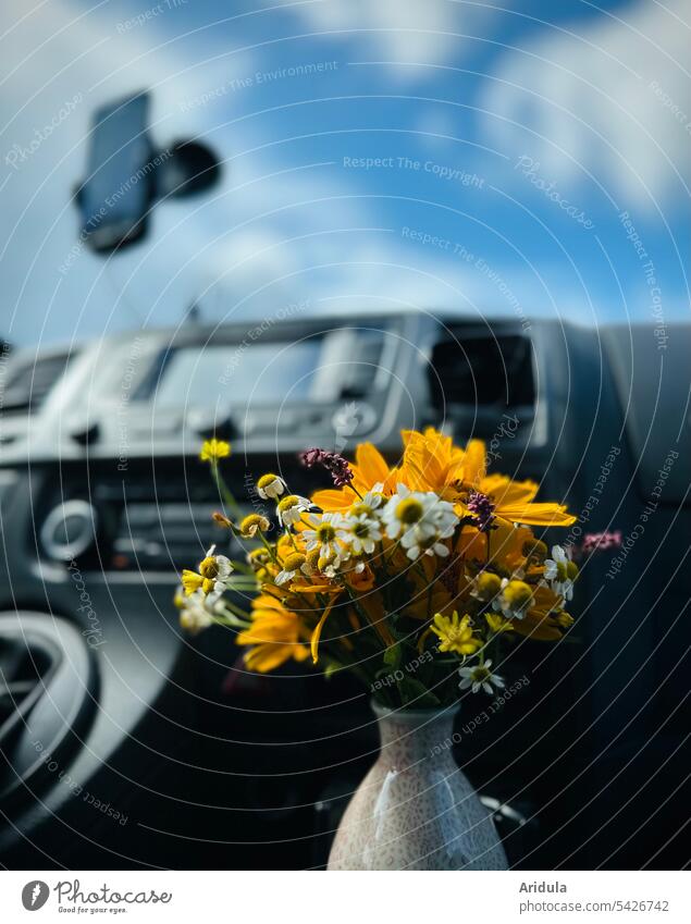 A little bit of homeliness for on the go Bouquet flowers car Decoration Vase Car decoration Homey hygge Blossom Summer Car journey In transit travel Cellphone