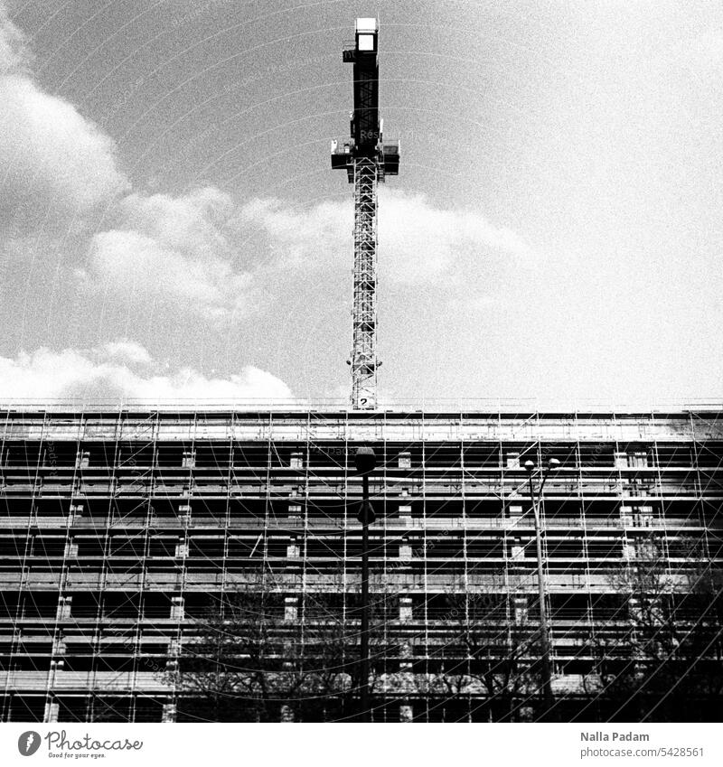 Crane and gutted house Analog Analogue photo B/W black-and-white Construction site Architecture Building House (Residential Structure) refurbishment conversion