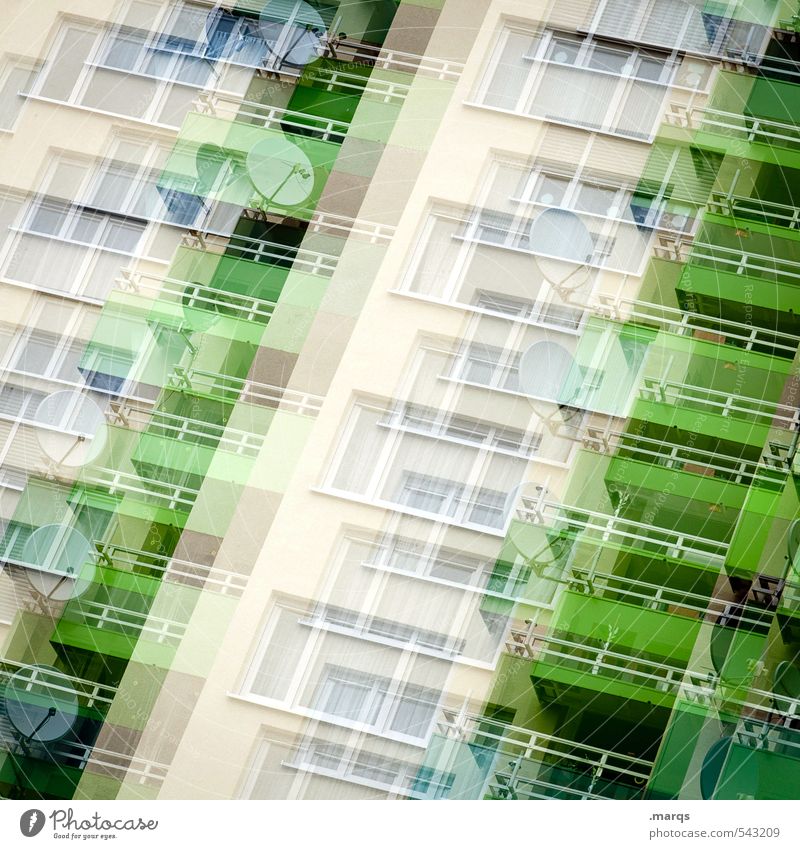 reception Flat (apartment) Town Facade Window Satellite dish Balcony Living or residing Exceptional Many Green Colour Irritation Double exposure Colour photo