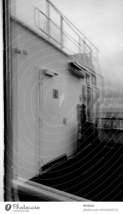 On the ferry to Denmark | My camera is seasick b/w Ferry reflection deck rehling door Window Crossing Blurred Ocean Vacation & Travel Navigation Tourism ship