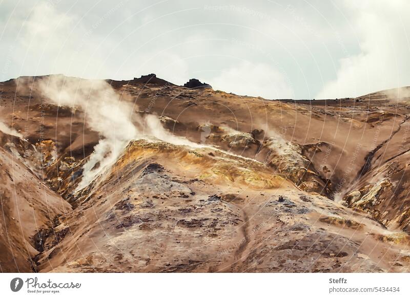Landscape with geothermal energy and sulfur steam in Iceland Martian landscape Lunar landscape Icelandic inaccessible geological sulphur steam Uninhabited