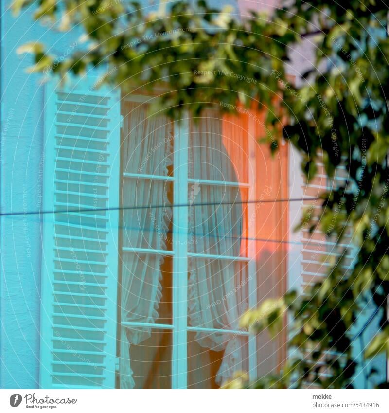 Play of colors in front of window Window House (Residential Structure) Window pane Living or residing Facade Window frame Flat (apartment) Building Glass Light