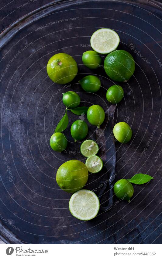 Sliced and whole limequats, limes, leaves and old knife on dark ground nobody green large group of objects many objects Lime Lime Fruit Lime Fruits Limes Leaf