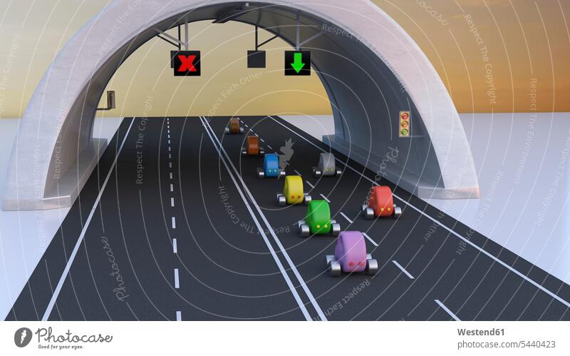 3D Rendering, Cars following green arrow under tunnel nobody traffic journey travelling Journeys voyage motorway freeway motorways freeways Traveller Travellers