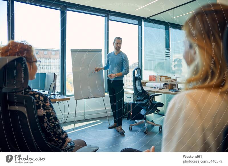 Man leading a presentation at flip chart in office team presentations flipchart flip charts flipcharts Business Meeting business conference meeting offices