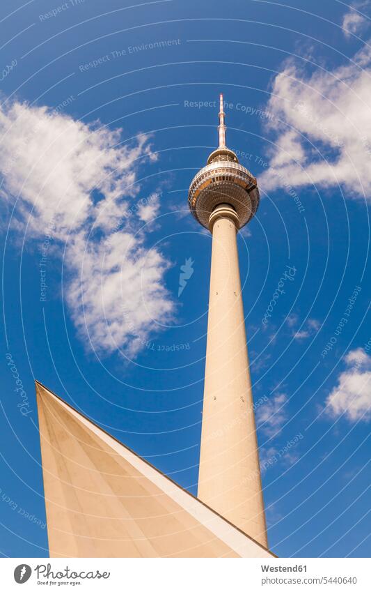 Germany, Berlin, television tower cloud clouds Architecture sunlight Sunlit tip sphere ball balls ball-shaped German Demokratic Republic GDR 20th Century Style