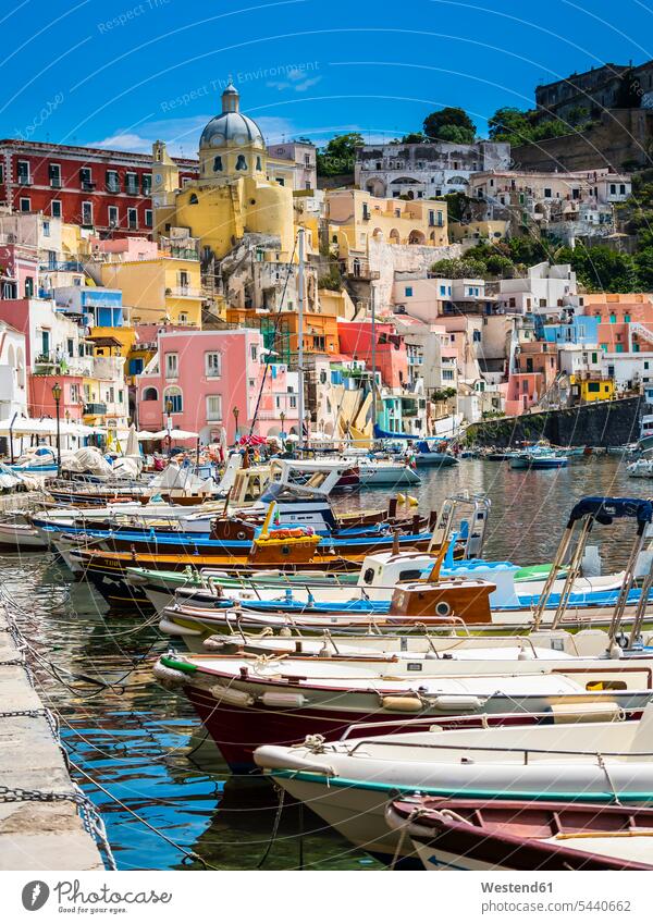 Italy, Campania, Gulf of Naples, Phlegraean Islands, Procida Island, Harbour, Marina di Corricella, former prison on mountain sea ocean Travel moored anchor