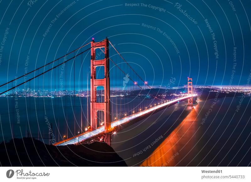 USA, California, San Francisco, Golden Gate Bridge at night illuminated lit lighted Illuminating View Vista Look-Out outlook illumination lighting outdoors