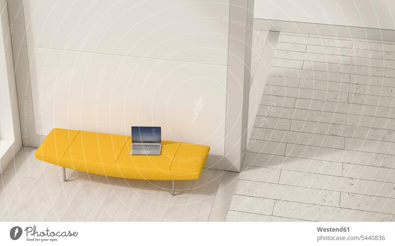Laptop on yellow lounger, 3D Rendering sparse Minimal Showcase Interior home showcase Home Showcase Interior Home Interior Showcase technology technologies