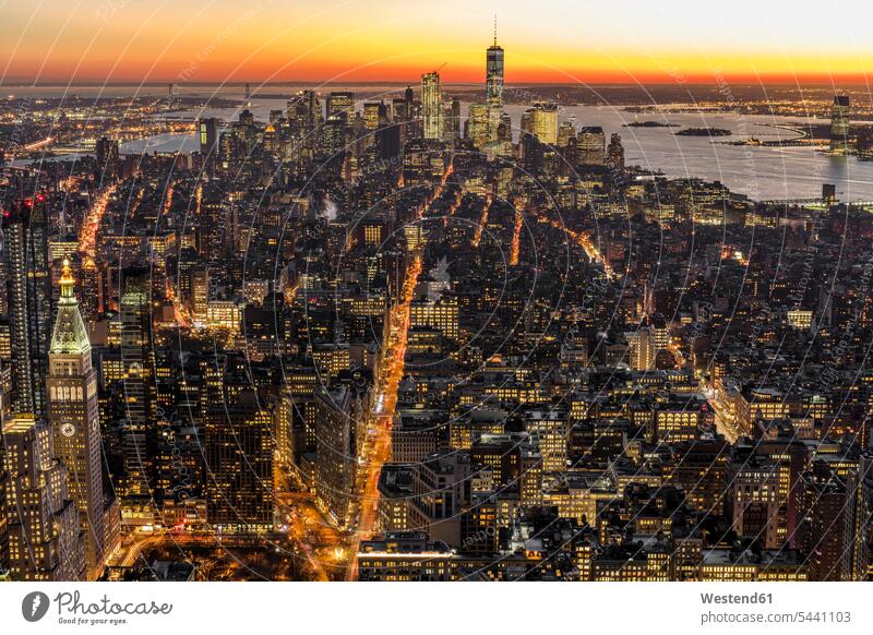USA, New York City, cityscape at dusk illuminated lit lighted Illuminating View Vista Look-Out outlook waterfront Water Front illumination lighting outdoors