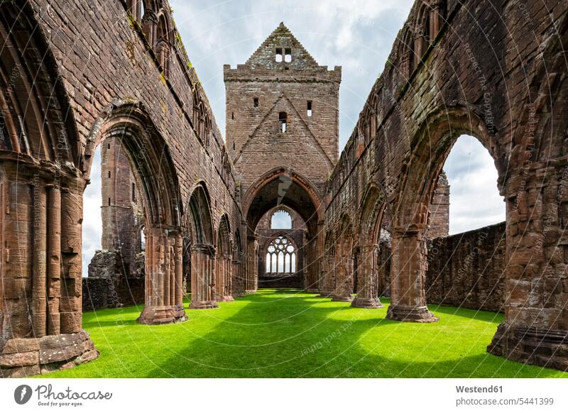 United Kingdom, Scotland, Dumfries and Galloway, Sweetheart Abbey stony stone column pillars columns nobody Cistercian monastery Travel built structure
