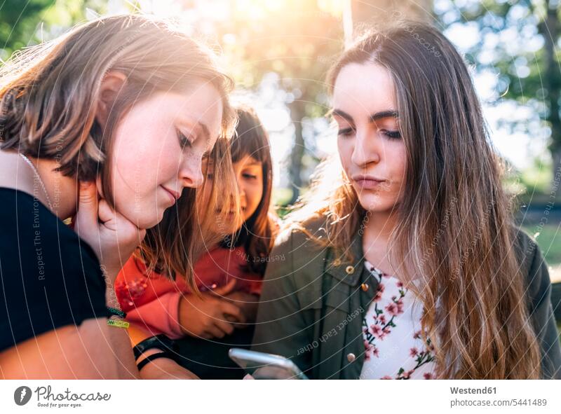 Three girls using smartphone outdoors females sister sisters mobile phone mobiles mobile phones Cellphone cell phone cell phones sharing share child children