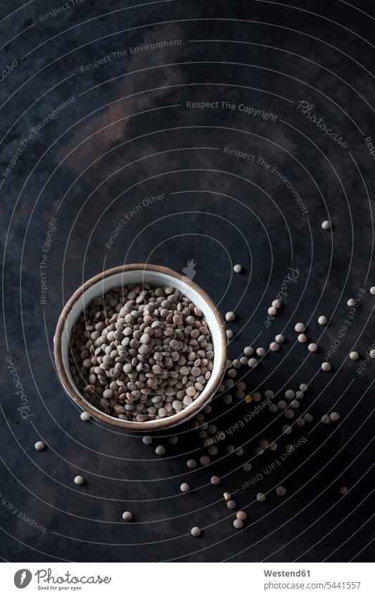 Bowl of Pardina lentils on dark ground copy space food and drink Nutrition Alimentation Food and Drinks Lentils pardina lentils scattered studio shot