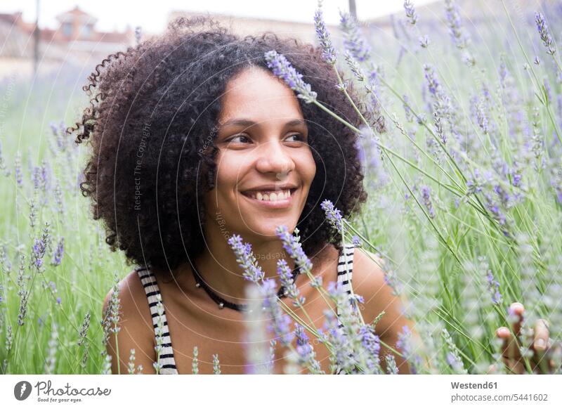 Portrait of happy woman in lavender field portrait portraits Lavender Lavandula Lavenders females women Flower Flowers Plant Plants Adults grown-ups grownups