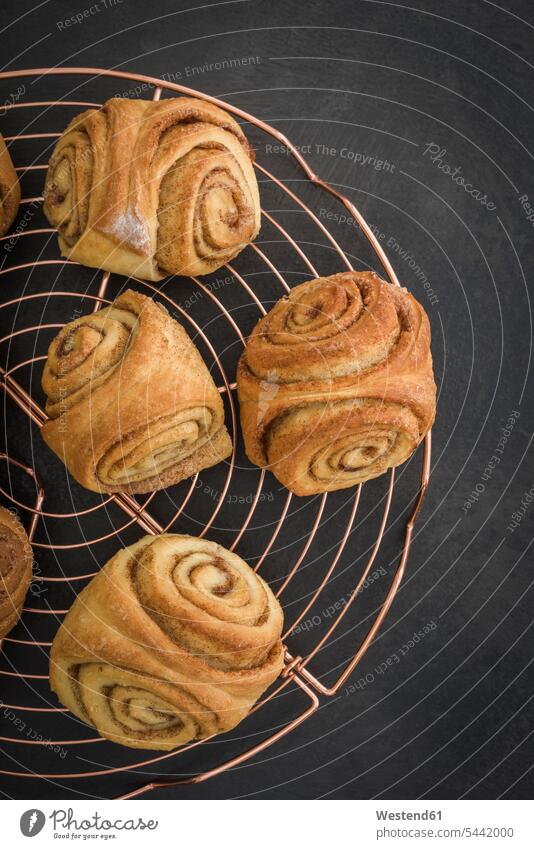 Home-baked Franzbroetchen on cooling grid Pastry Pastries rolled rolling filled baking delicacy specialty specialties Baked Food overhead view from above