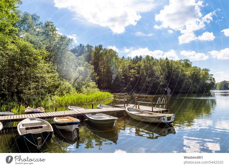 Germany, Ratzeburg, Salem, jetty with rowing boats at Pipersee cloud clouds lake lakes day daylight shot daylight shots day shots daytime moored anchor anchored