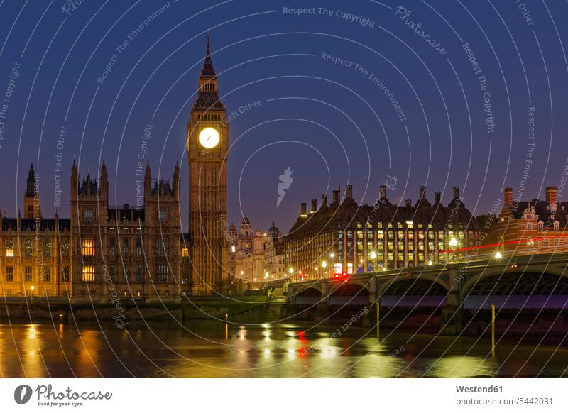 UK, London, River Thames, Big Ben, Houses of Parliament and Westminster Bridge at night illuminated lit lighted Illuminating outdoors outdoor shots