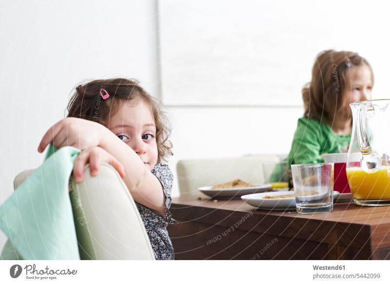 Portrait of little girl at breakfast tablre females girls portrait portraits child children kid kids people persons human being humans human beings