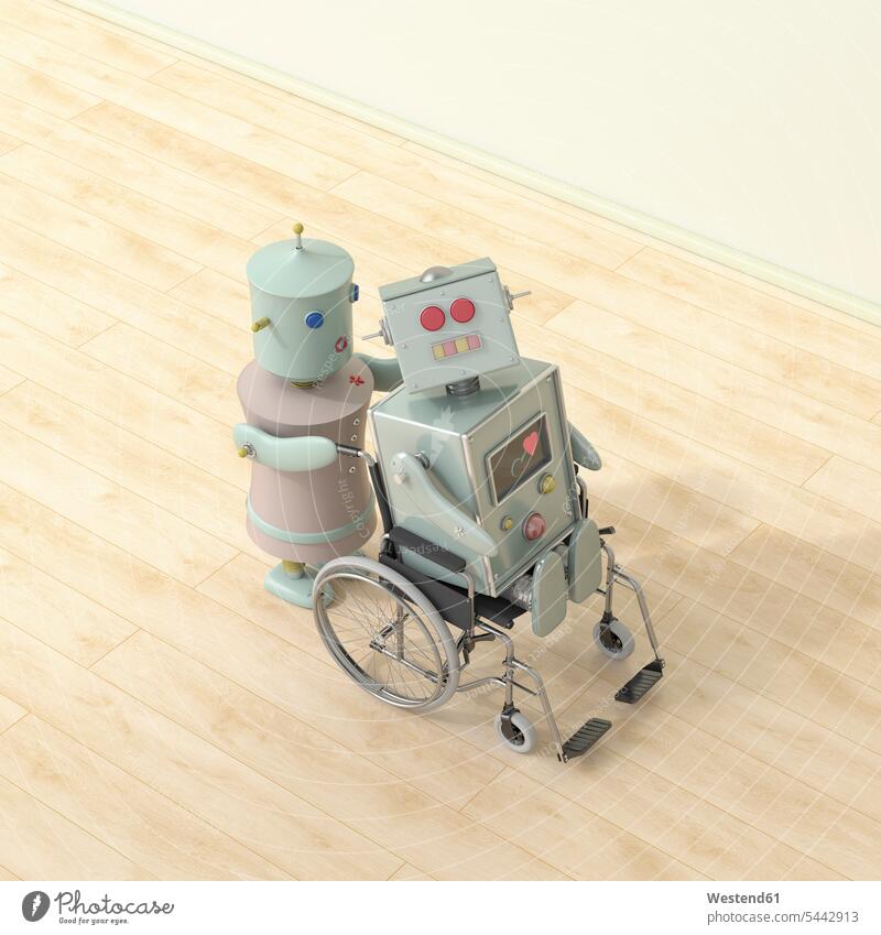 Female robot pushing male robot sitting in wheelchair, 3D rendering automaton robots care dependency care dependent need for care nursing care depndent