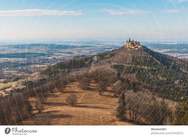 Germany, Bisingen, view from Zeller Horn to Hohenzollern Castle cloud clouds View Vista Look-Out outlook nature natural world sunlight Sunlit outdoors