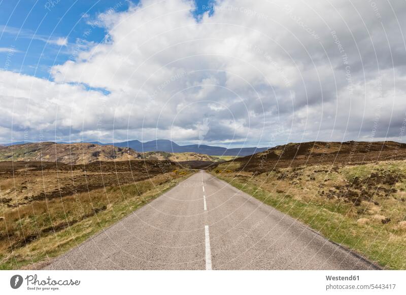 UK, Scotland, Scottish Highlands, road A838 through the Highland cloud clouds Solitude seclusion Solitariness solitary remote secluded goal goals Road Trip