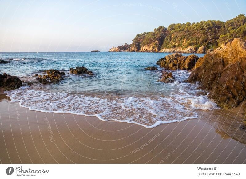 Spain, Catalonia, Lloret de Mar, beach rocky coast Rocky Coastline Rock Coastline Rocky Shore getting away from it all Getting Away From All unwinding relaxing