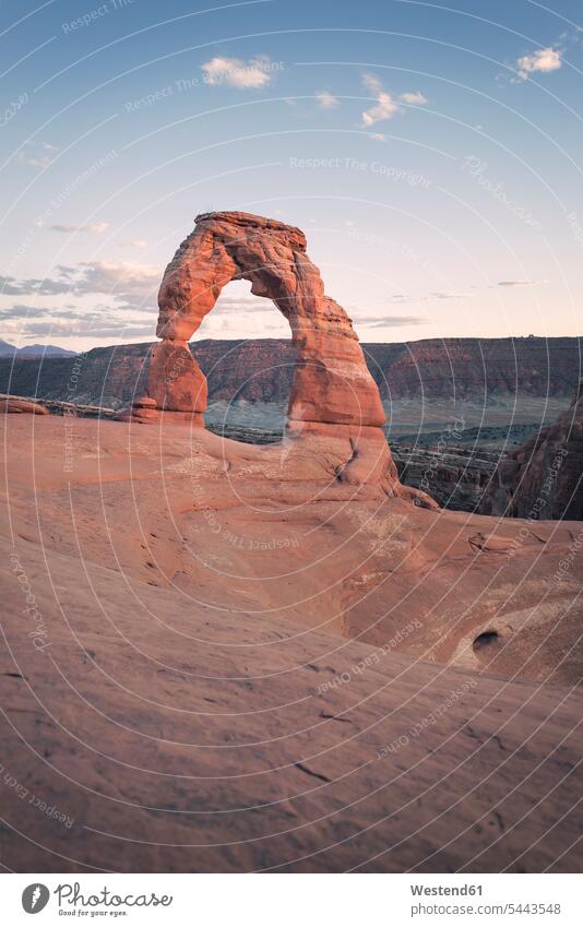 USA, Utah, Arches National Park, Delicate Arch at sunset rock formation Rock Formations sky skies Travel erosion erosions Travel destination Destination