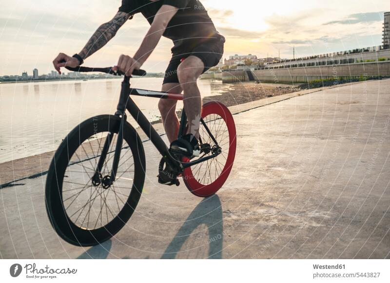 Young man riding fixie bike at the waterfront at sunset bicycle bikes bicycles River Rivers men males driving drive waters body of water Adults grown-ups