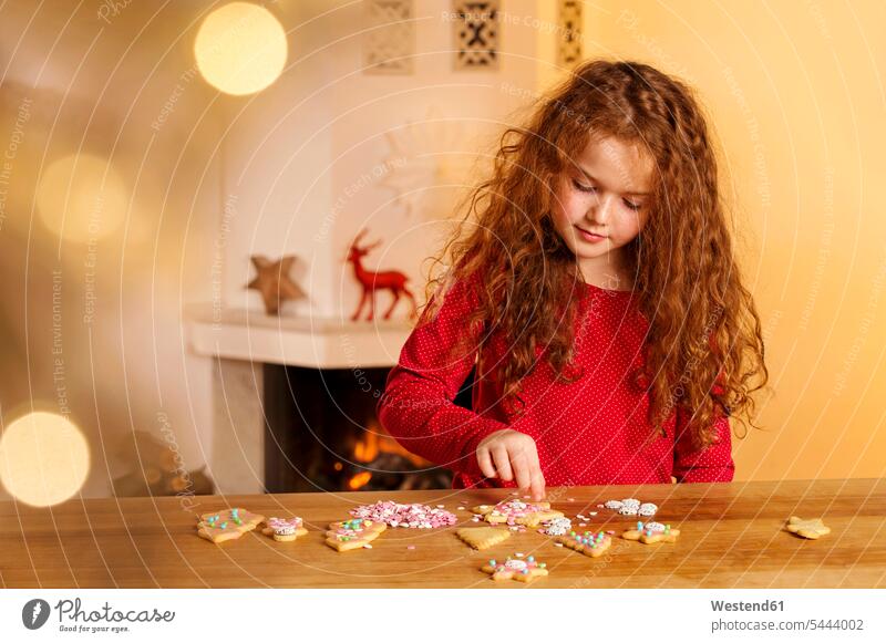 Little girl garnishing Christmas cookies with hundreds and thousands Biscuit Cookie Cooky Cookies Biscuits baking bake X-Mas yule Xmas X mas