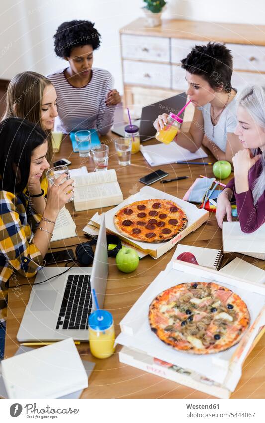 Group of young women at home studying and having pizza Pizza Pizzas woman females student female students Food foods food and drink Nutrition Alimentation