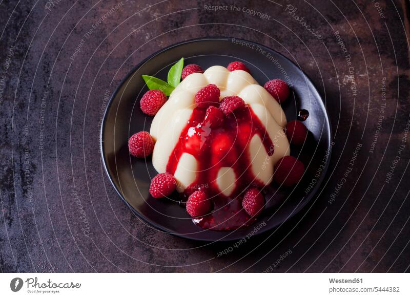 Custard with raspberries and raspberry sauce on plate Plate dish dishes Plates sweet Sugary sweets prepared garnished ready to eat ready-to-eat blueberry