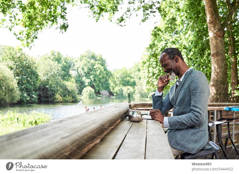 Smiling man on terrace looking at laptop Businessman Business man Businessmen Business men business people businesspeople business world business life working