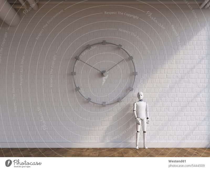 Robot standing under wall clock occupation profession professional occupation jobs business business world business life futuristic the future visionary
