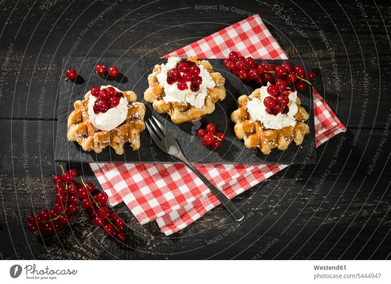 Waffles with low-fat curd, jam and red currants overhead view from above top view Overhead Overhead Shot View From Above redcurrant Redcurrants food and drink